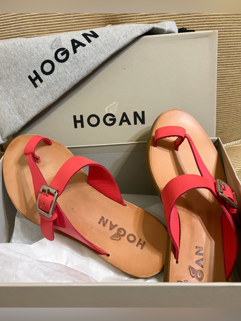NWT Hogan Women’s Mare Flip Flop Sandal w/Buckle in Dark Pink/Coral - Size EU 37